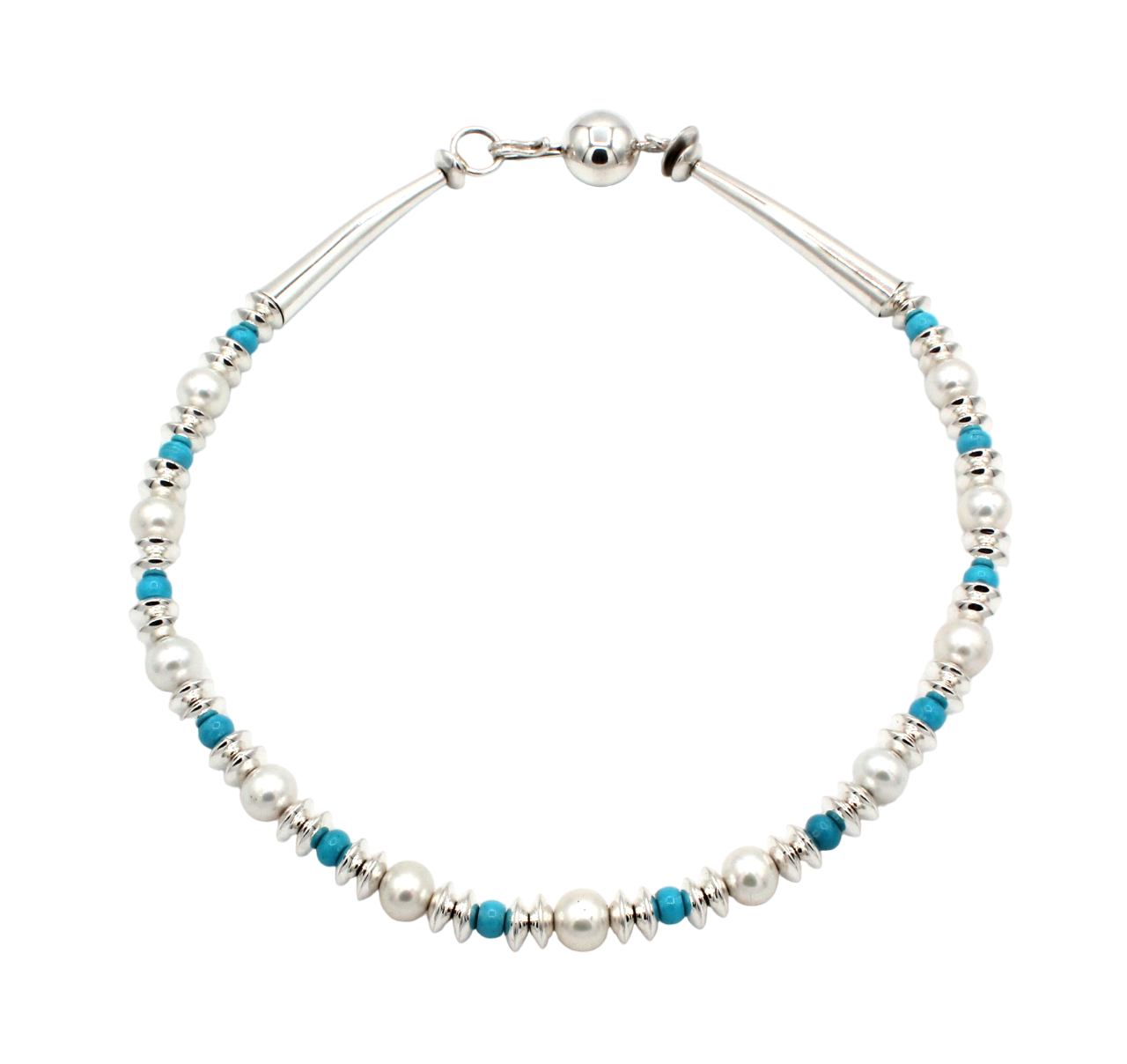 16" Silver with Turquoise and Pearl Silver Necklace-Jewelry-Artie Yellowhorse-Sorrel Sky Gallery