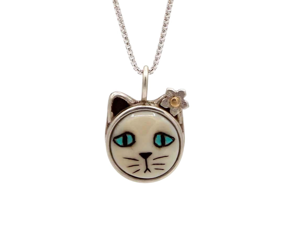 Cat with Blue Eyes/Flower Pendant-Jewelry-Michelle Tapia-Sorrel Sky Gallery