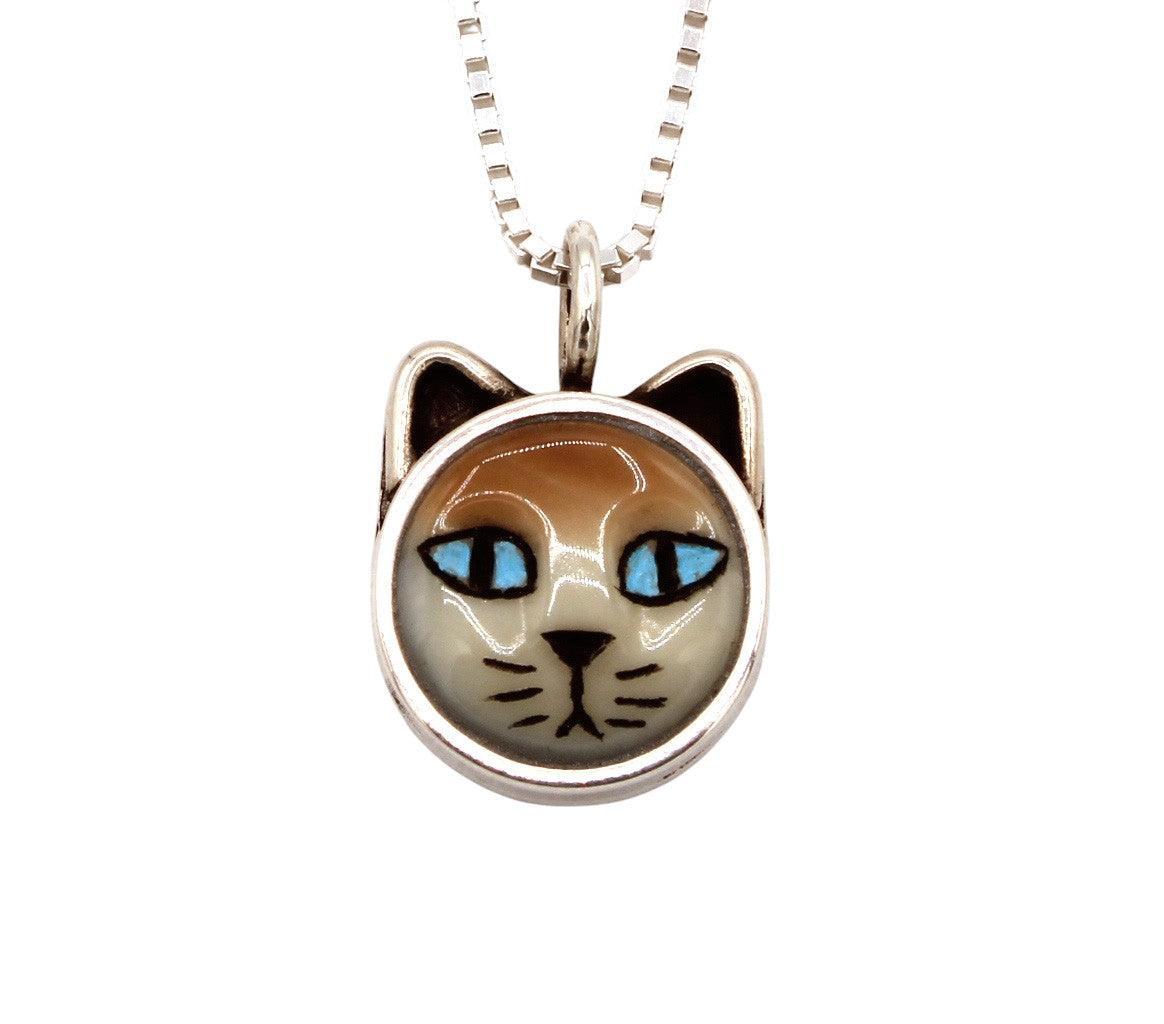 Cat Pendant (blue eyes, tan/cream)-Jewelry-Michelle Tapia-Sorrel Sky Gallery