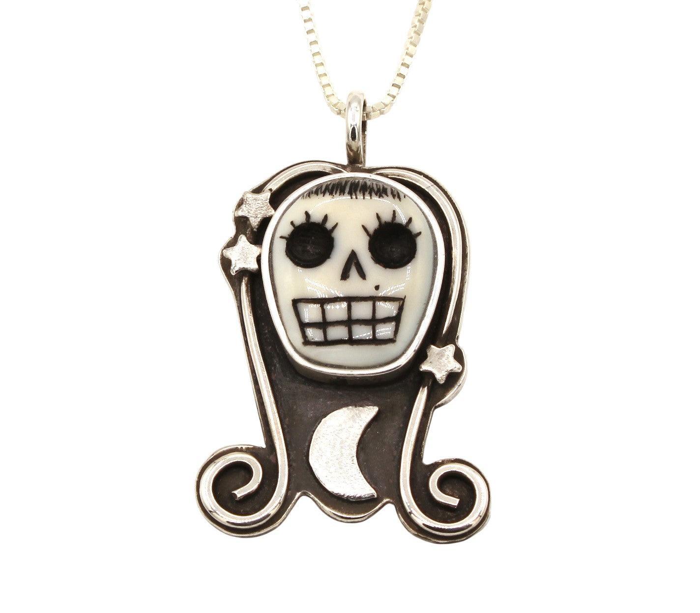 Small Girly Skull Pendant (Moon and Stars)-Jewelry-Michelle Tapia-Sorrel Sky Gallery