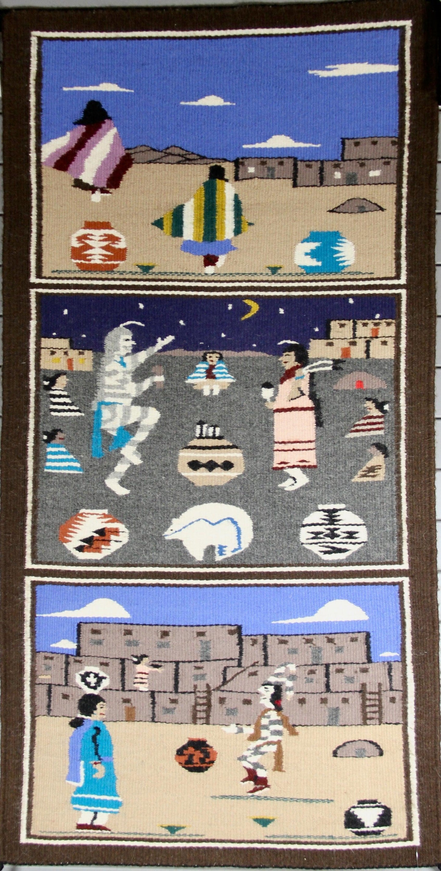 Pictorial Pueblo 3-panel-Weaving-Navajo Weaving-Sorrel Sky Gallery