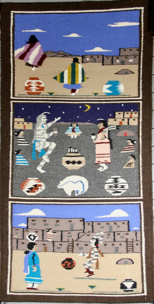 Pictorial Pueblo 3-panel-Weaving-Navajo Weaving-Sorrel Sky Gallery