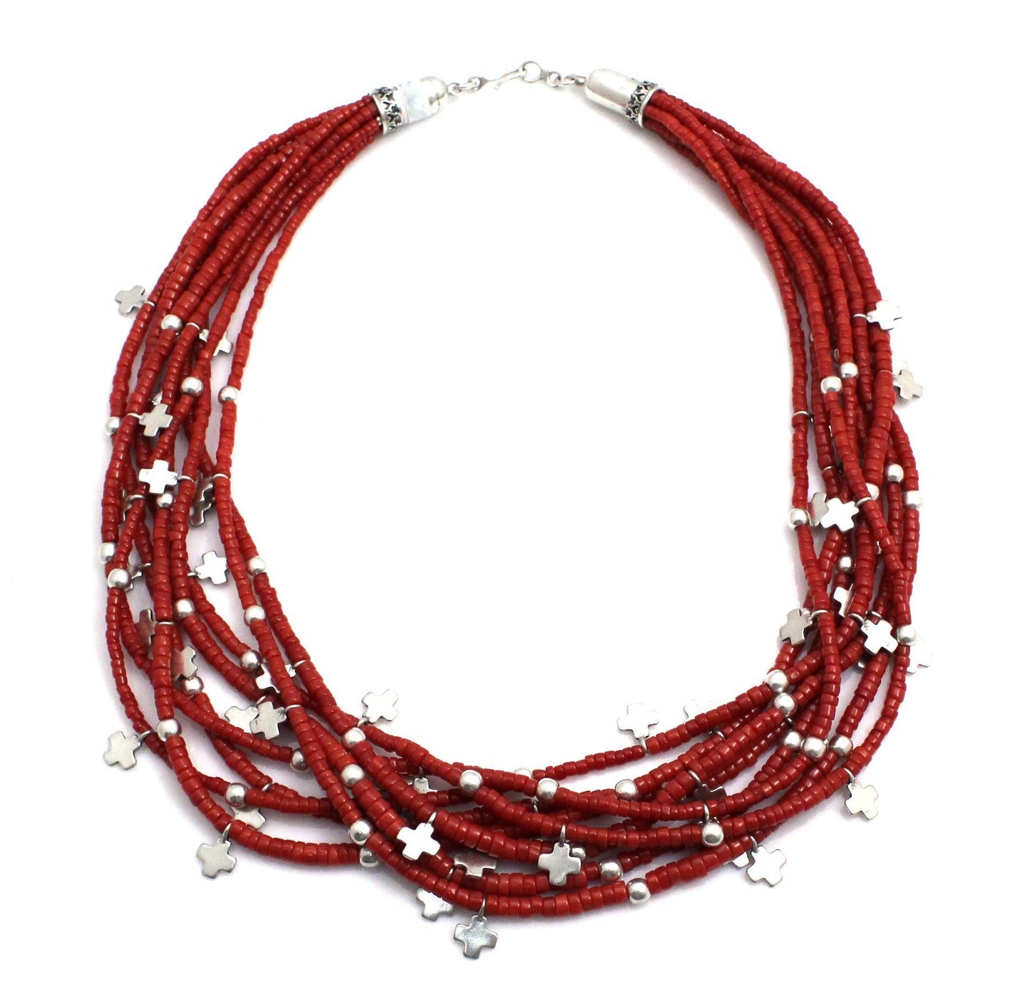 Red Coral 8 Strand Cross Necklace-Jewelry-Don Lucas-Sorrel Sky Gallery