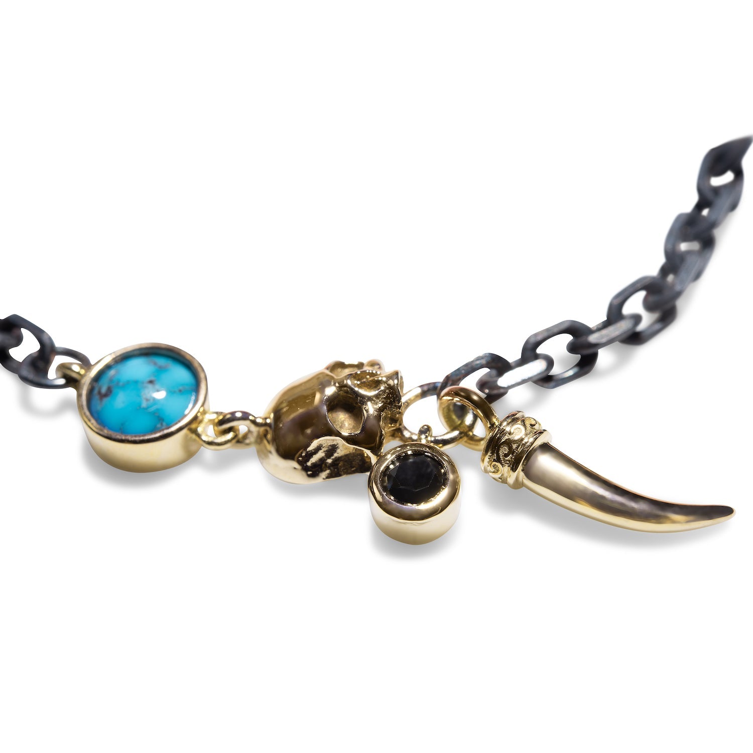 14ct yellow Gold / Oxidized Silver Skull /Black Diamond - Kingman Turquoise Bracelet-jewelry-Harlin Jones-Sorrel Sky Gallery