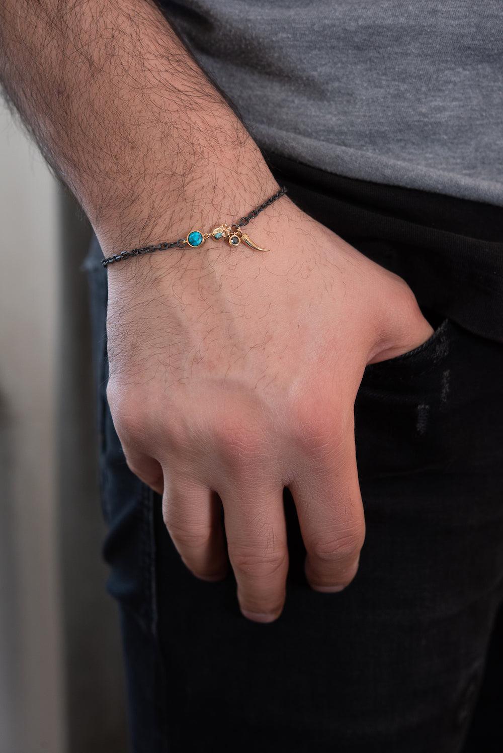 14ct yellow Gold / Oxidized Silver Skull /Black Diamond - Kingman Turquoise Bracelet-jewelry-Harlin Jones-Sorrel Sky Gallery
