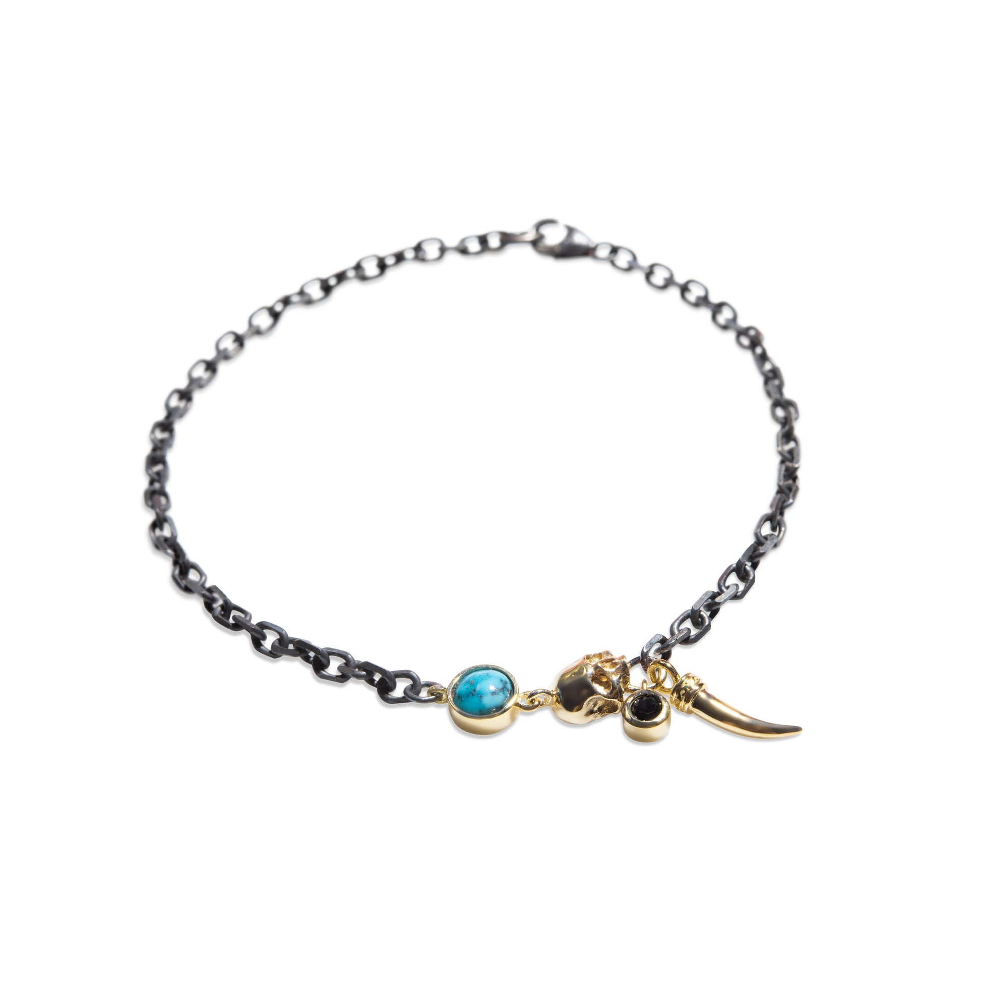 14ct yellow Gold / Oxidized Silver Skull /Black Diamond - Kingman Turquoise Bracelet-jewelry-Harlin Jones-Sorrel Sky Gallery