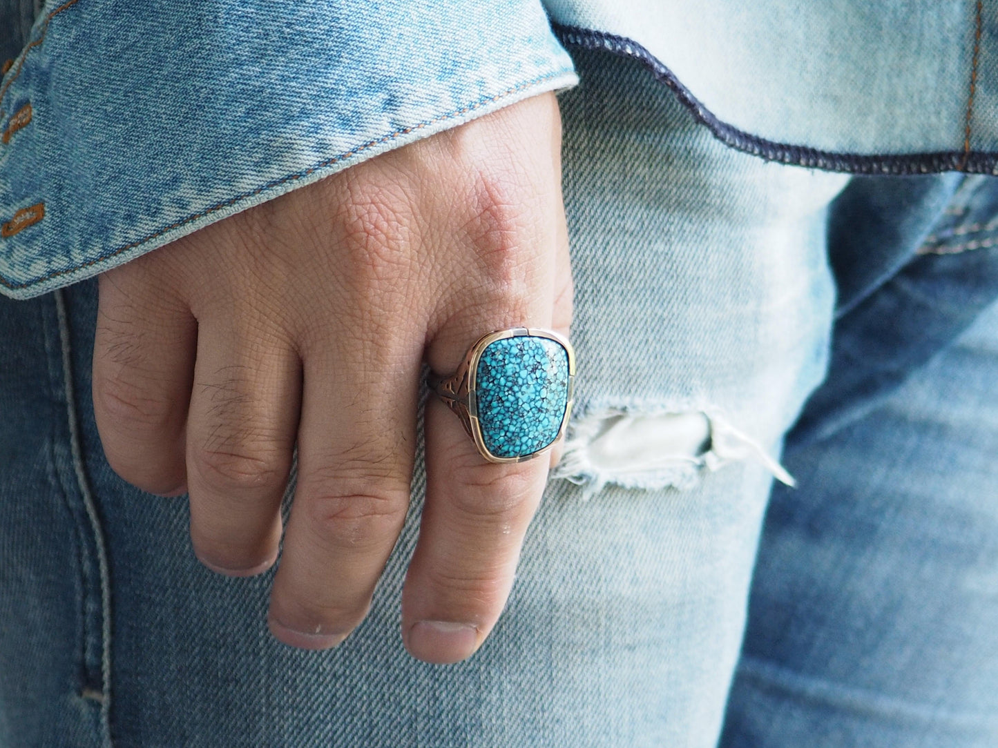 18ct rose gold - Oxidized Silver Cross-Arrow Ring / Kingman Turquoise-jewelry-Harlin Jones-Sorrel Sky Gallery