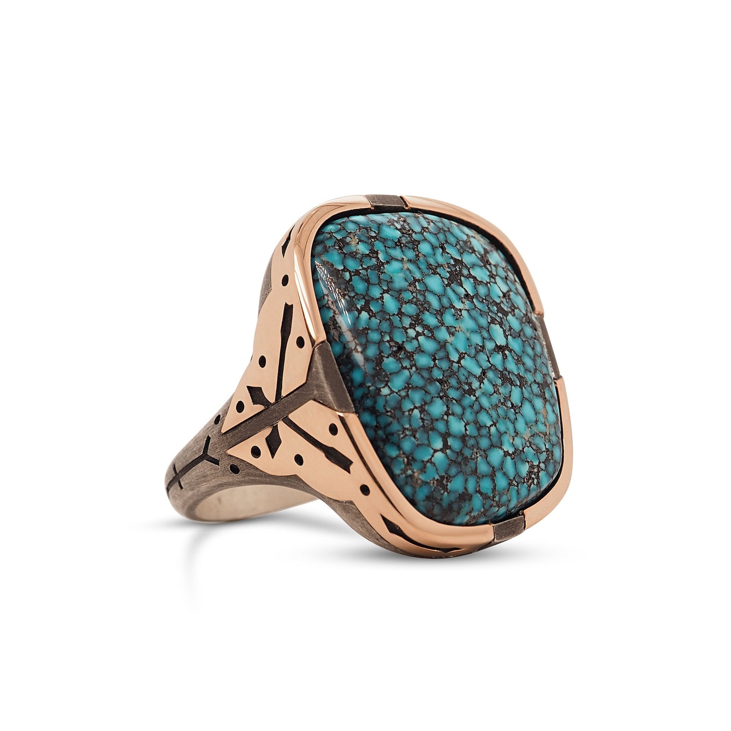 18ct rose gold - Oxidized Silver Cross-Arrow Ring / Kingman Turquoise-jewelry-Harlin Jones-Sorrel Sky Gallery