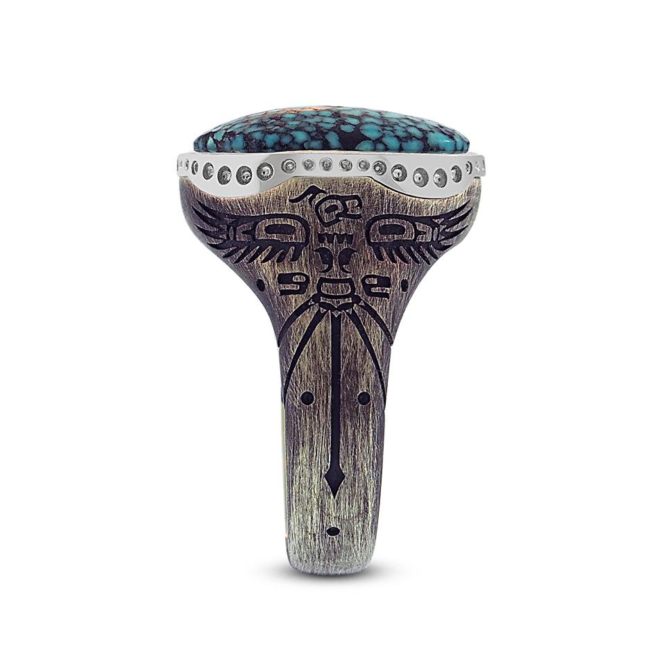 Oxidized Silver Thunderbird Ring / Webbed Kingman Turquoise-jewelry-Harlin Jones-Sorrel Sky Gallery