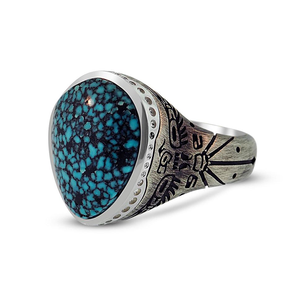 Oxidized Silver Thunderbird Ring / Webbed Kingman Turquoise-jewelry-Harlin Jones-Sorrel Sky Gallery