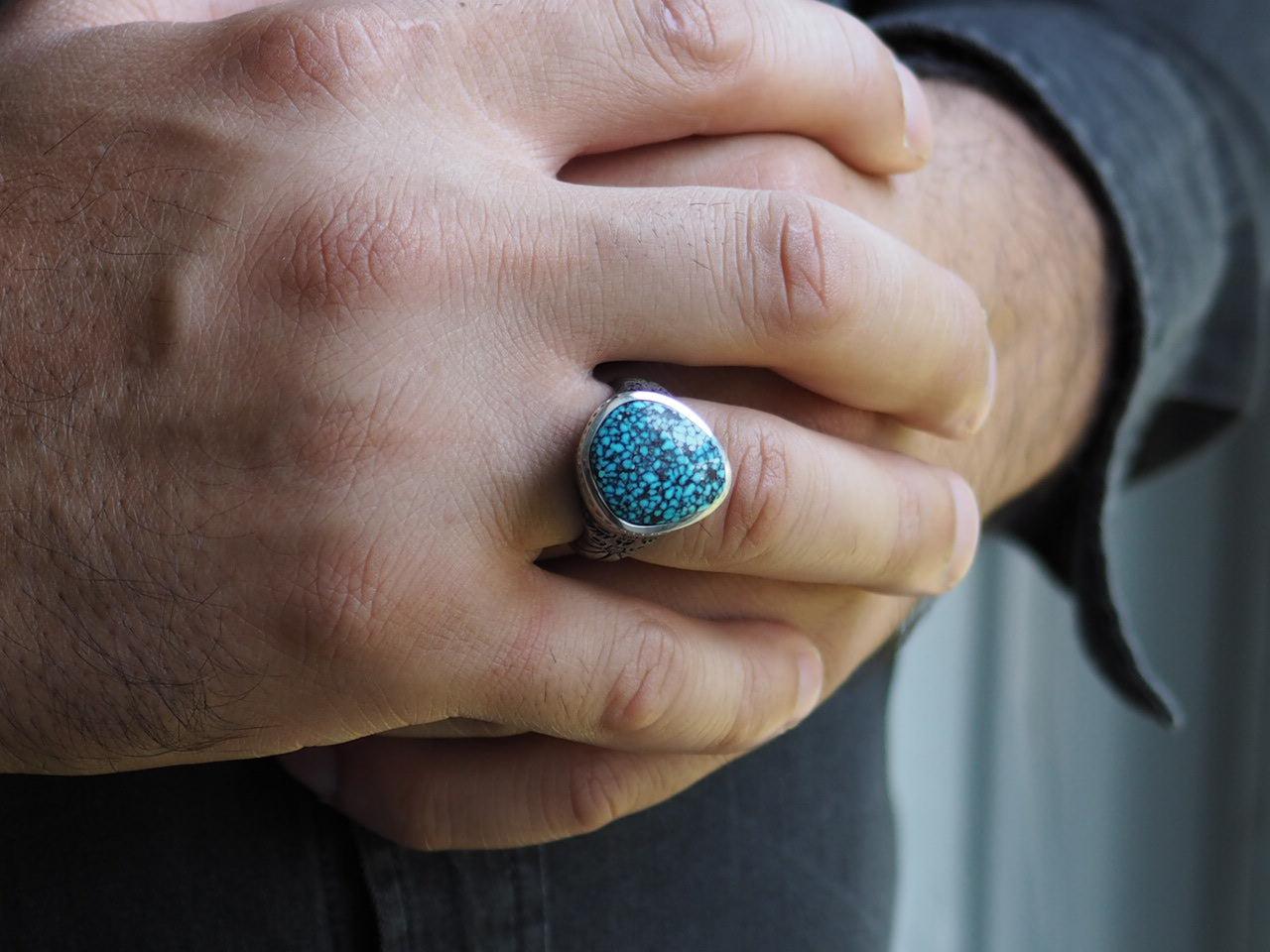 Oxidized Silver Thunderbird Ring / Webbed Kingman Turquoise-jewelry-Harlin Jones-Sorrel Sky Gallery