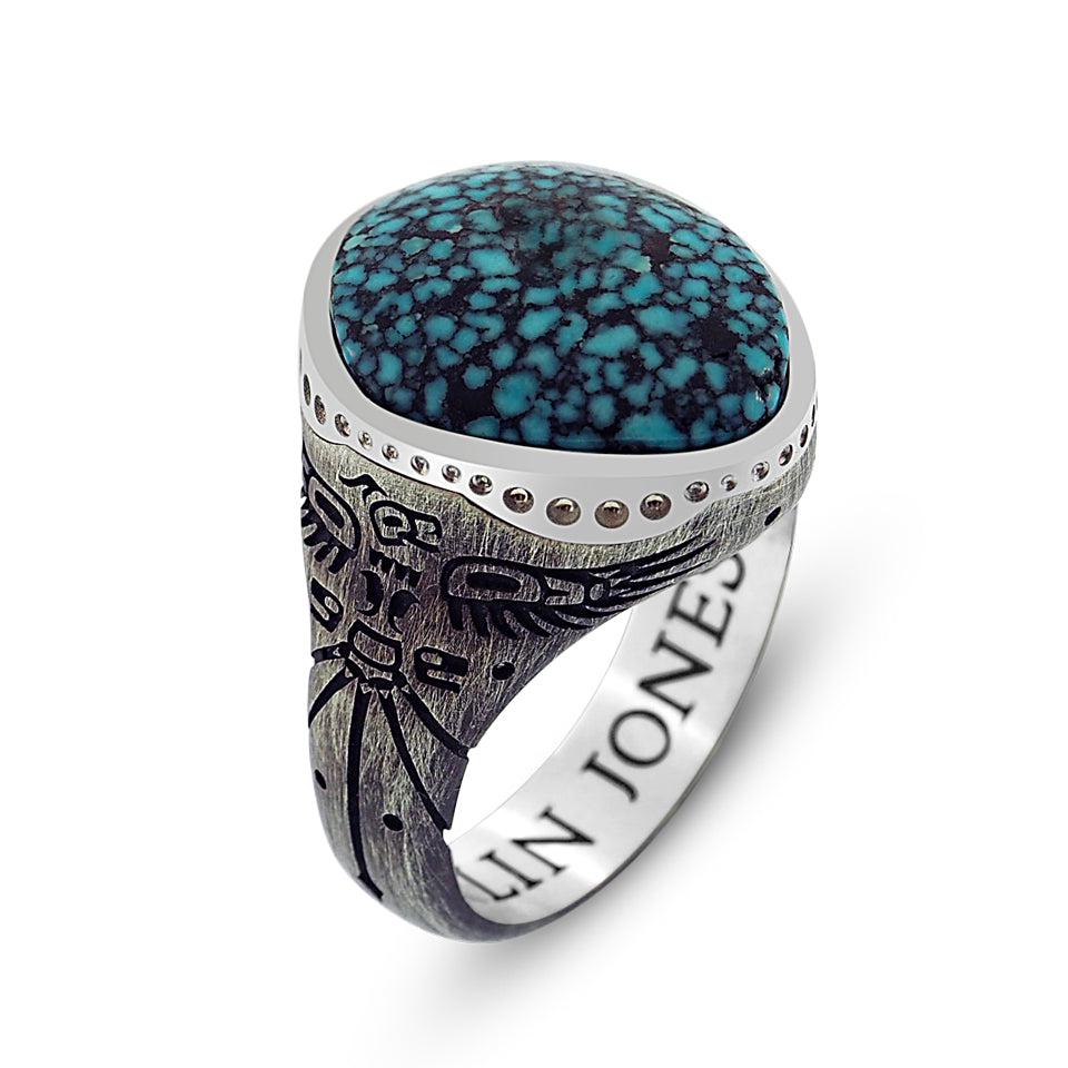 Oxidized Silver Thunderbird Ring / Webbed Kingman Turquoise-jewelry-Harlin Jones-Sorrel Sky Gallery