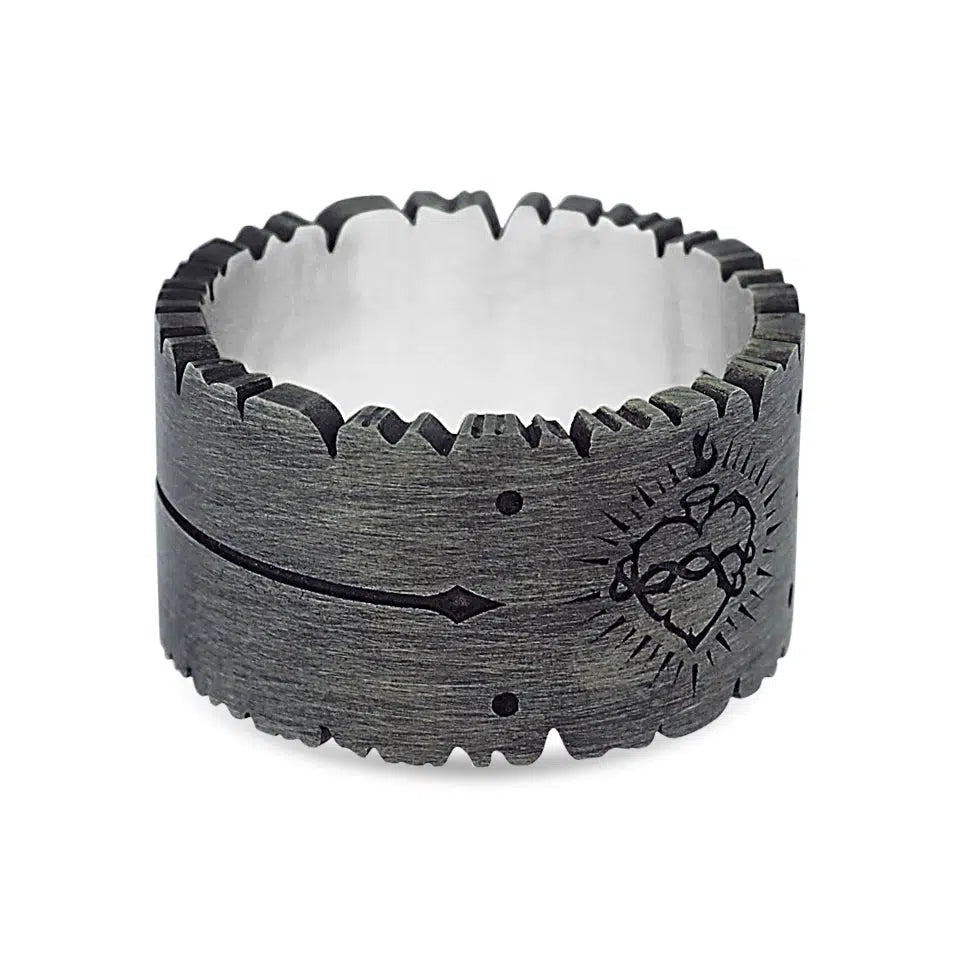 Sacred Heart Ring / Black Diamonds - Oxidized Silver