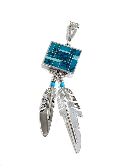 Turquoise Two Feather Pendant-jewelry-Ray Tracey-Sorrel Sky Gallery