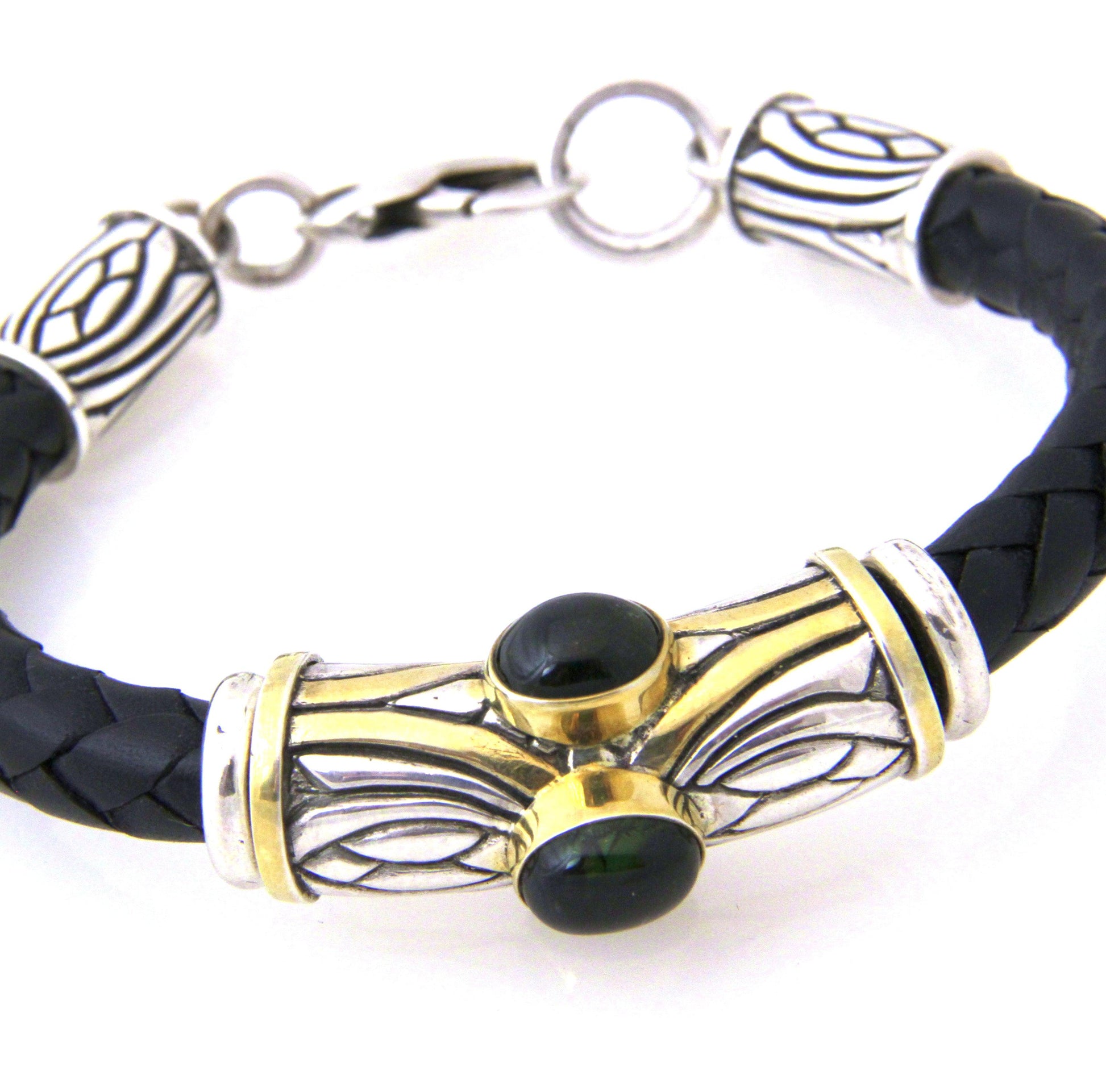 Green Tourmaline with Braided Leather Bracelet-Jewelry-Shreve Saville-Sorrel Sky Gallery