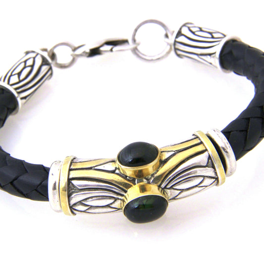 Green Tourmaline with Braided Leather Bracelet-Jewelry-Shreve Saville-Sorrel Sky Gallery