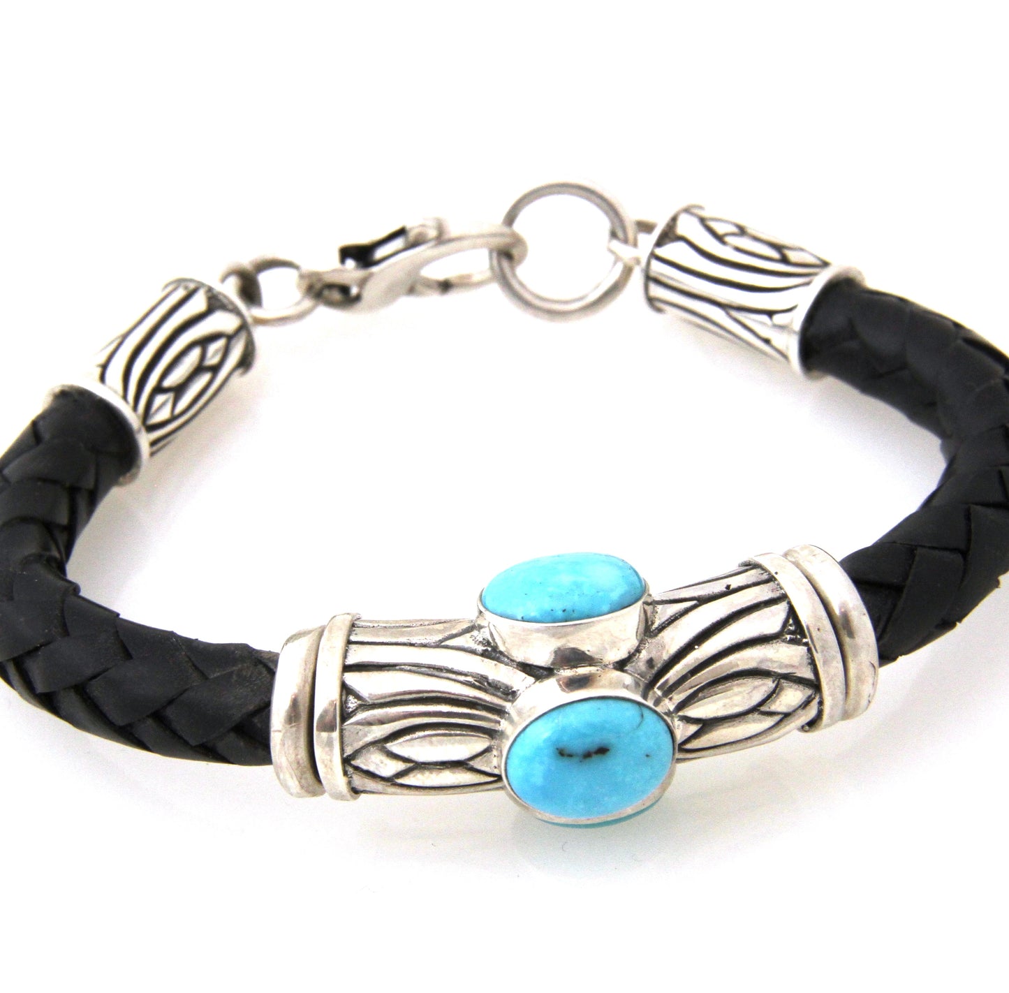 Morenci Turquoise 3 Stone Braided Leather Bracelet-Jewelry-Shreve Saville-Sorrel Sky Gallery