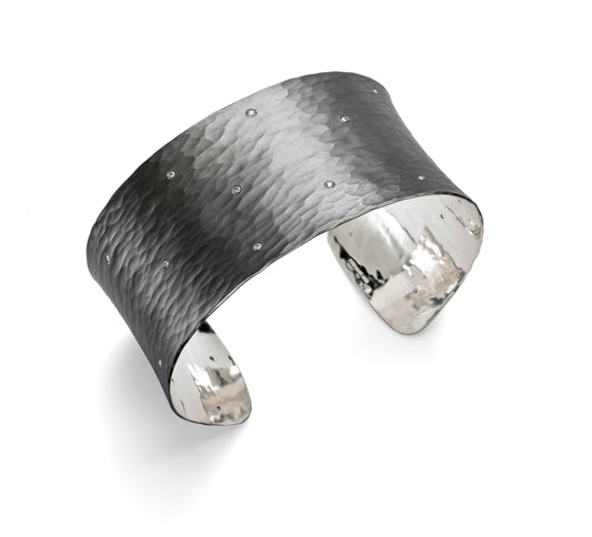 Silver Forged Cuff Bracelet With Diamonds