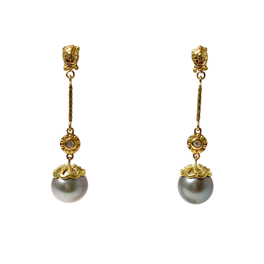 Turtle Saves the World Tahitian Pearl Diamond 18K Gold Earrings-Jewelry-Victoria Adams-Sorrel Sky Gallery