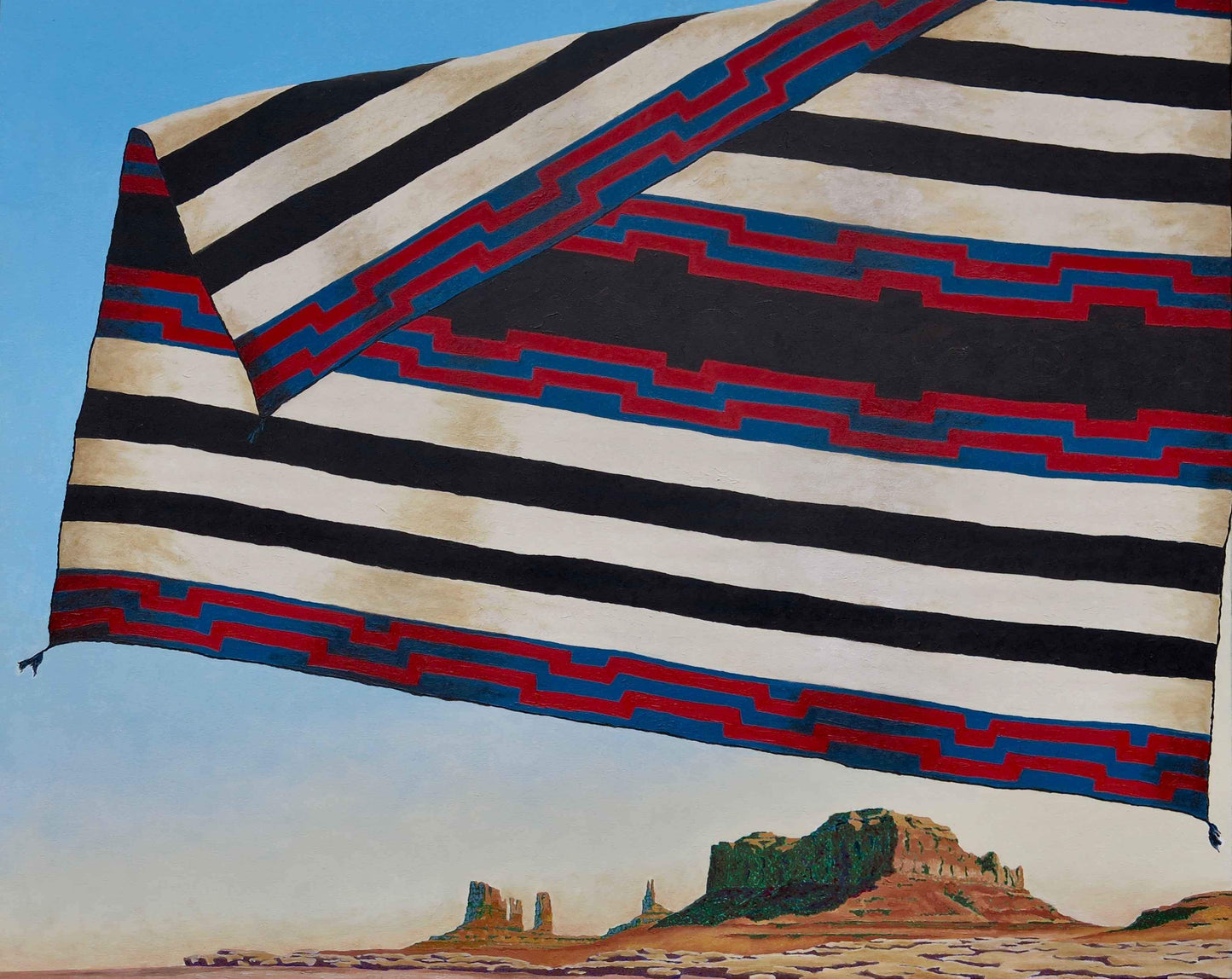 A Native American Weaving, a Chief's Blanket, flowing in the wind in monument valley. Red cliffs in the background on a clear blue sky. David Knowlton. Sorrel Sky Gallery. Barn Art. Southwestern Landscape art. Ship Paintings. Barn Paintings. Train Paintings. Train Art.Edward Aldrich. Kevin Red Star. David Yarrow. Star Liana York. Ben Nighthorse.