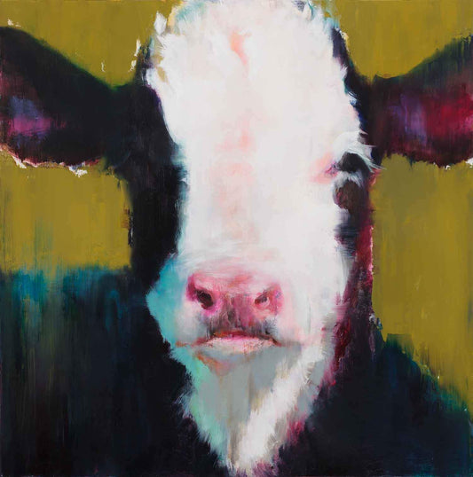 A cute black and white calf portrait on an olive colored background. Original painting by Elsa Sroka. Sorrel Sky Gallery.