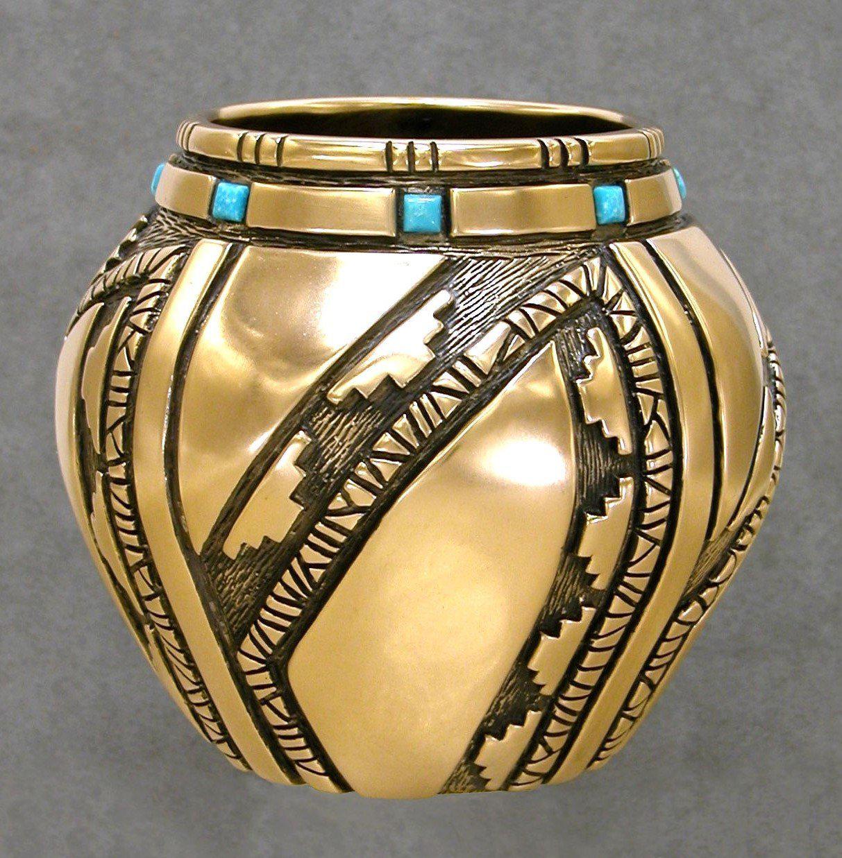 Bronze Vessel With Kingman Turquoise-Sculpture-Fred Ortiz-Sorrel Sky Gallery