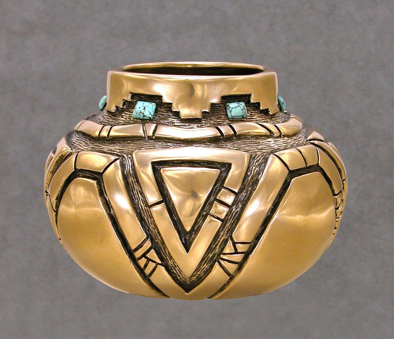 Bronze Vessel With Kingman Turquoise-Sculpture-Fred Ortiz-Sorrel Sky Gallery