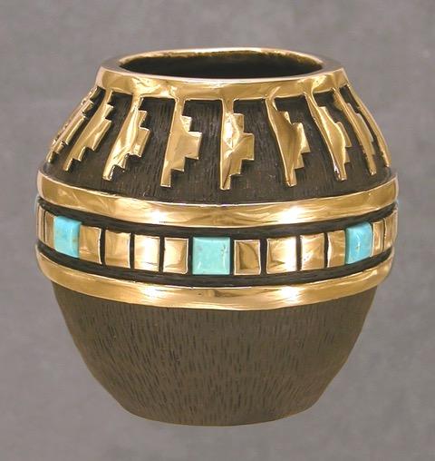 Bronze Vessel with Turquoise Stones-Sculpture-Fred Ortiz-Sorrel Sky Gallery