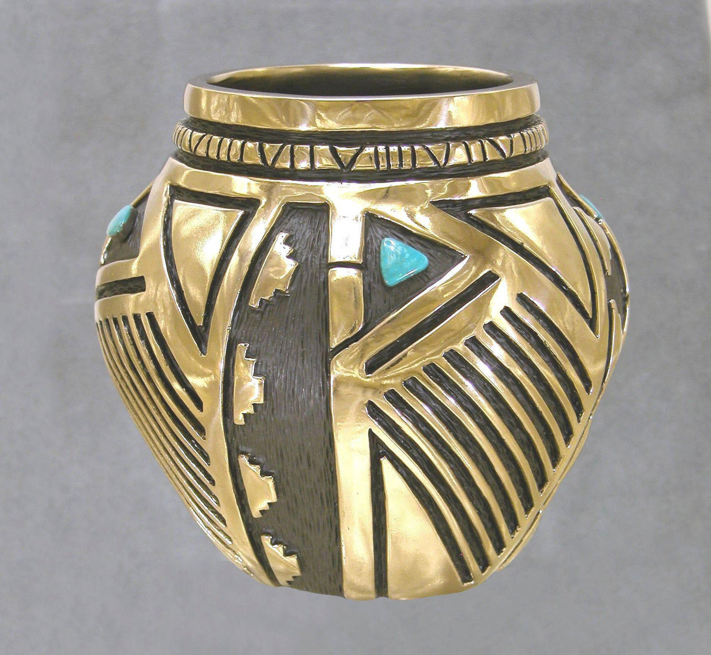 Bronze Vessel With Turquoise-Sculpture-Fred Ortiz-Sorrel Sky Gallery