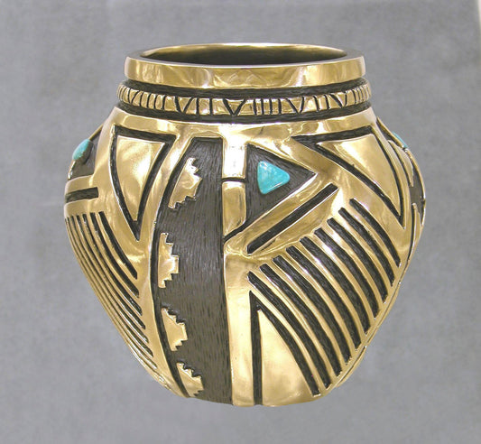 Bronze Vessel With Turquoise-Sculpture-Fred Ortiz-Sorrel Sky Gallery
