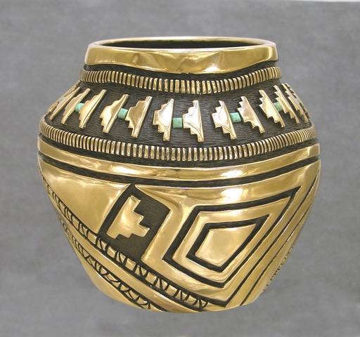Bronze Vessel with Turquoise-Sculpture-Fred Ortiz-Sorrel Sky Gallery