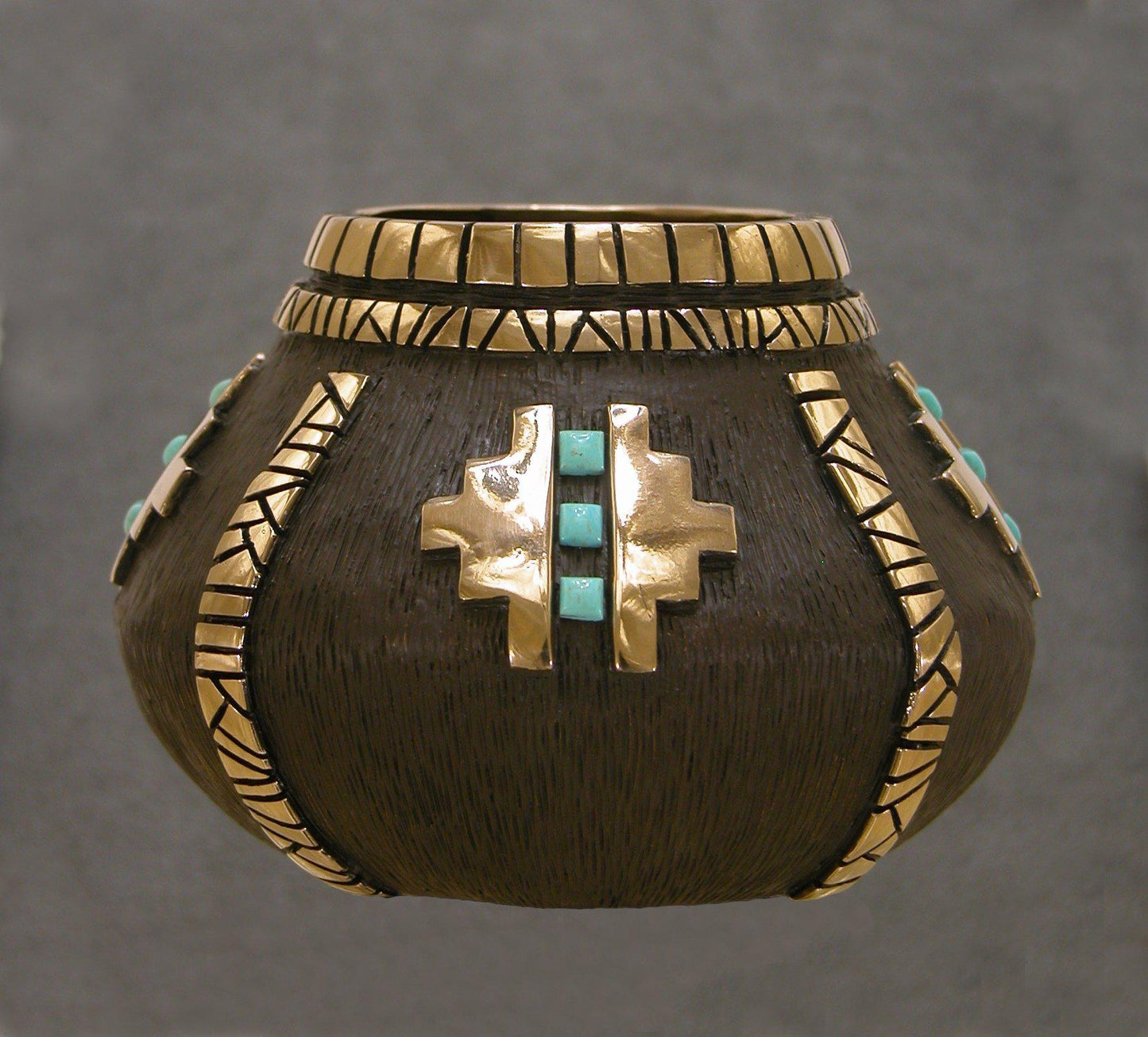 Bronze Vessel with Turquoise-Sculpture-Fred Ortiz-Sorrel Sky Gallery