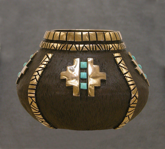Bronze Vessel with Turquoise-Sculpture-Fred Ortiz-Sorrel Sky Gallery
