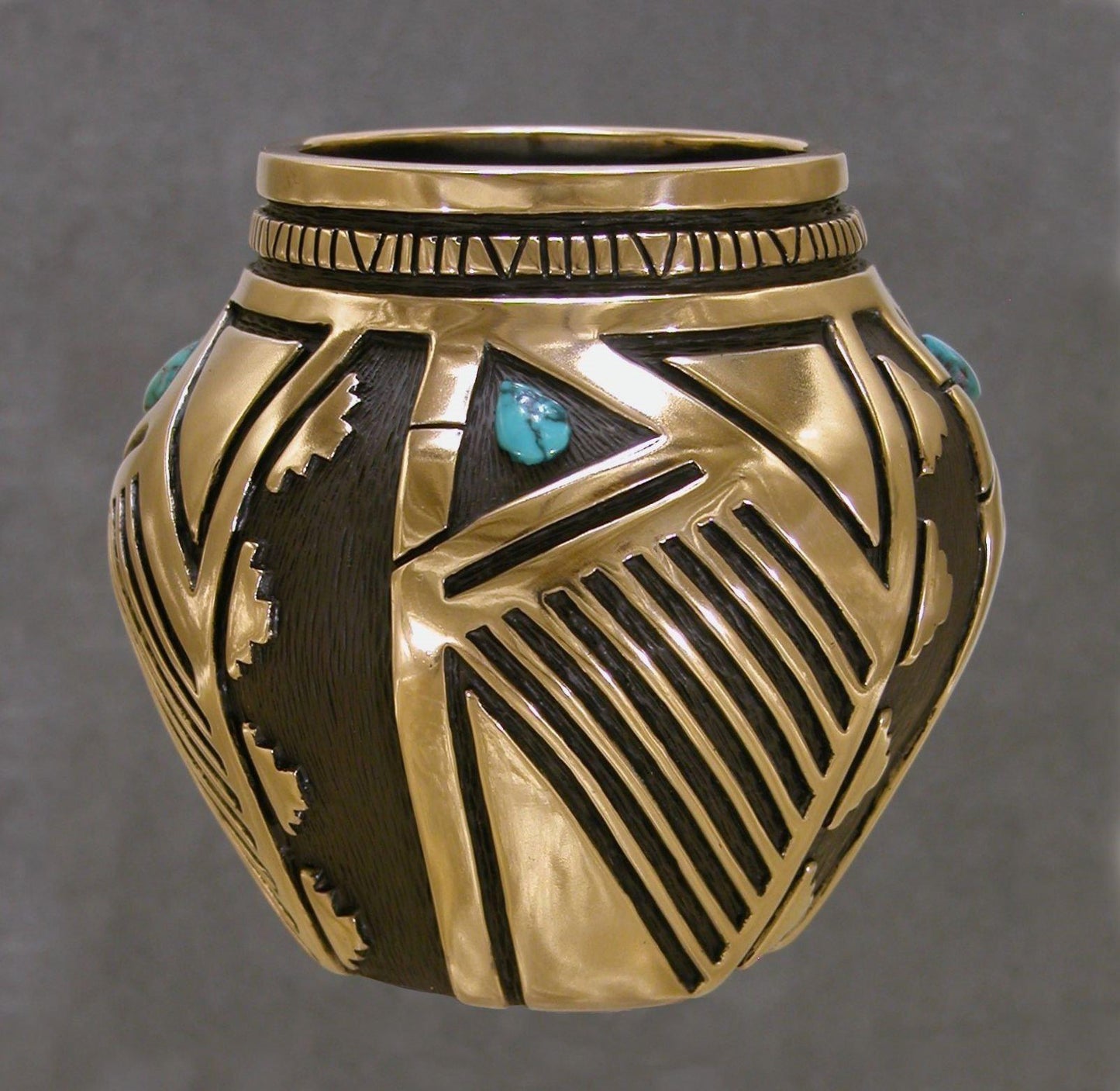 Bronze Vessel with Turquoise-Sculpture-Fred Ortiz-Sorrel Sky Gallery