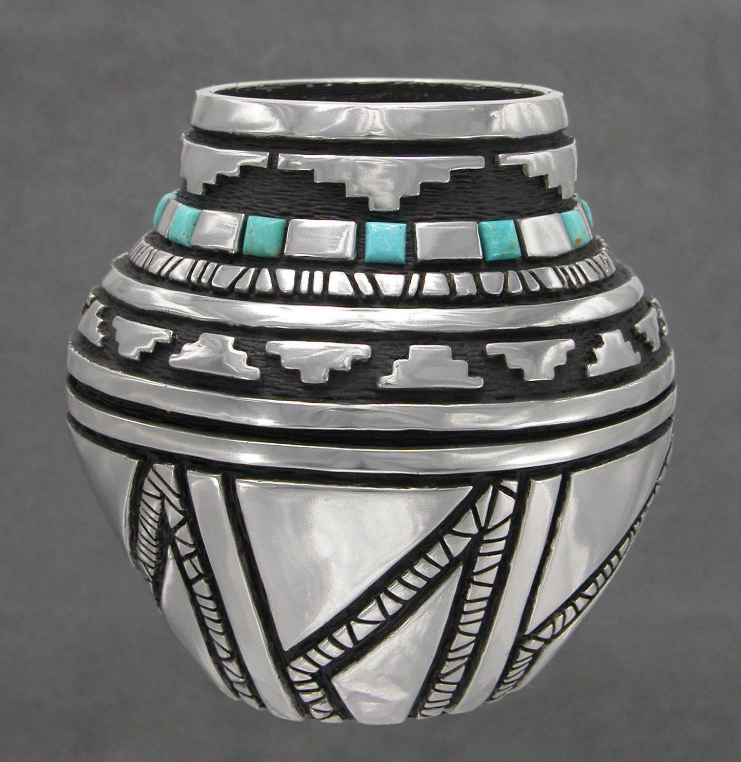 Pewter Vessel With Turquoise-Sculpture-Fred Ortiz-Sorrel Sky Gallery