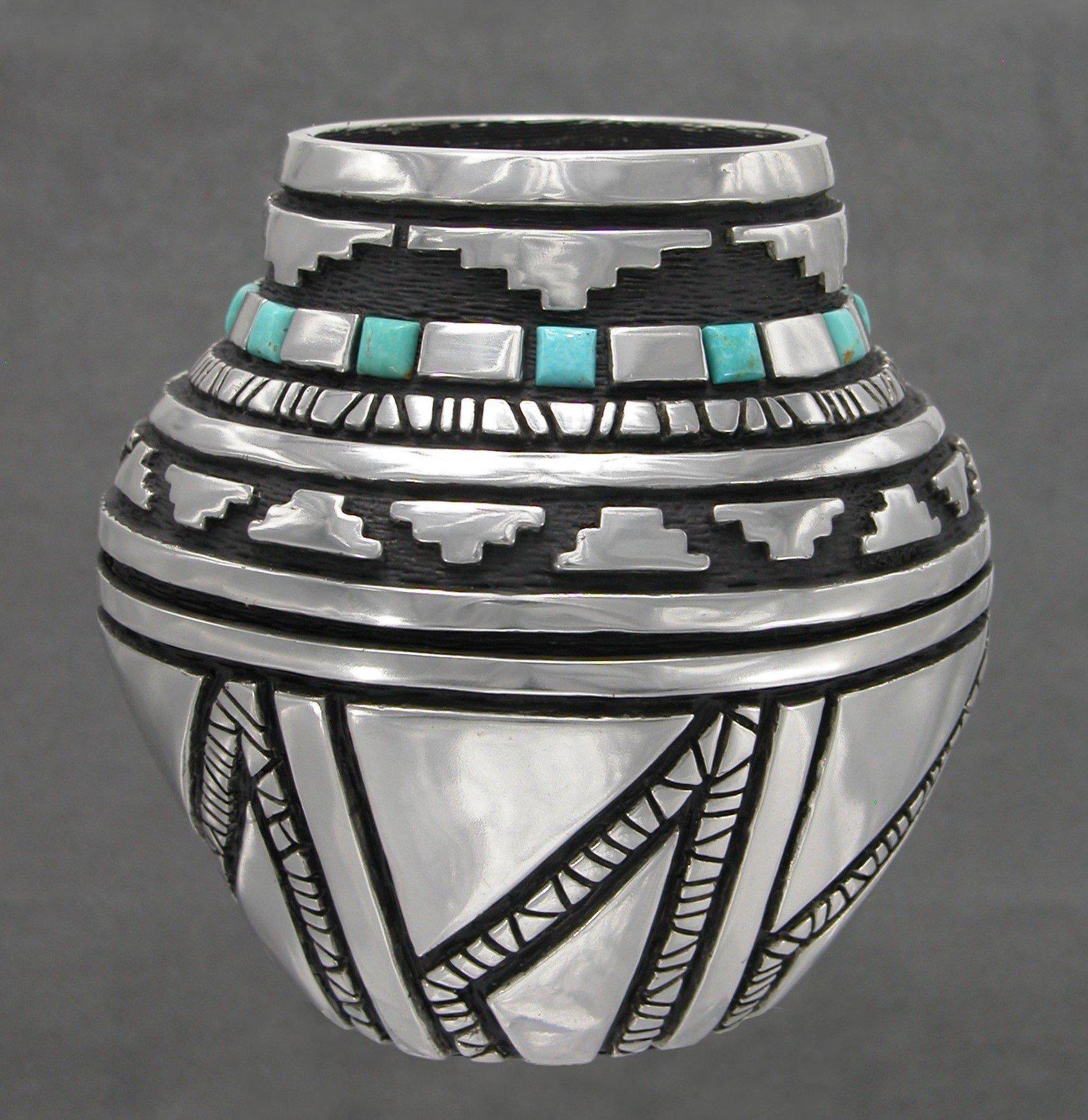 Pewter Vessel With Turquoise-Sculpture-Fred Ortiz-Sorrel Sky Gallery