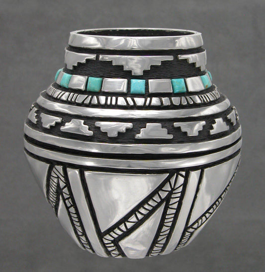 Pewter Vessel With Turquoise-Sculpture-Fred Ortiz-Sorrel Sky Gallery