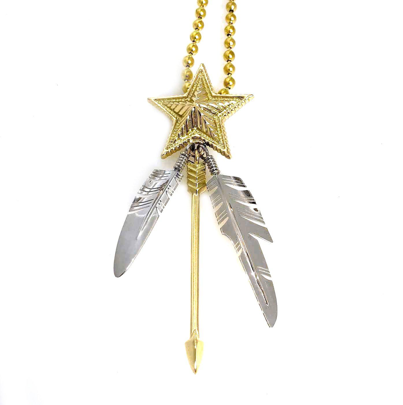 Two Tone Gold Star Two Feather Arrow Pendant