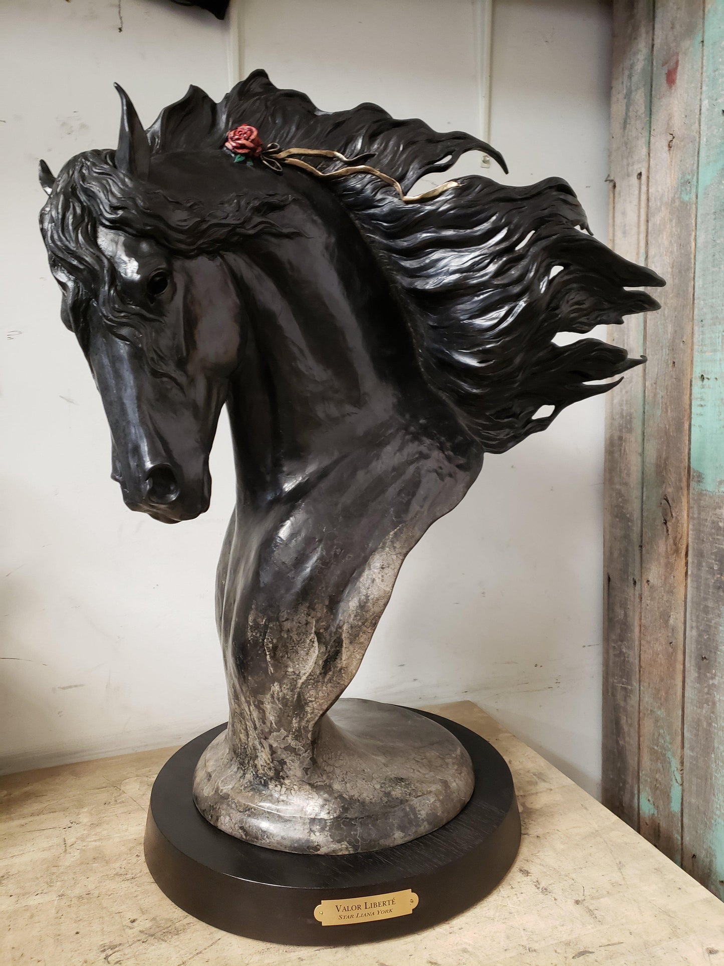 Friesian stallion portrait in bronze with black patina by Star York