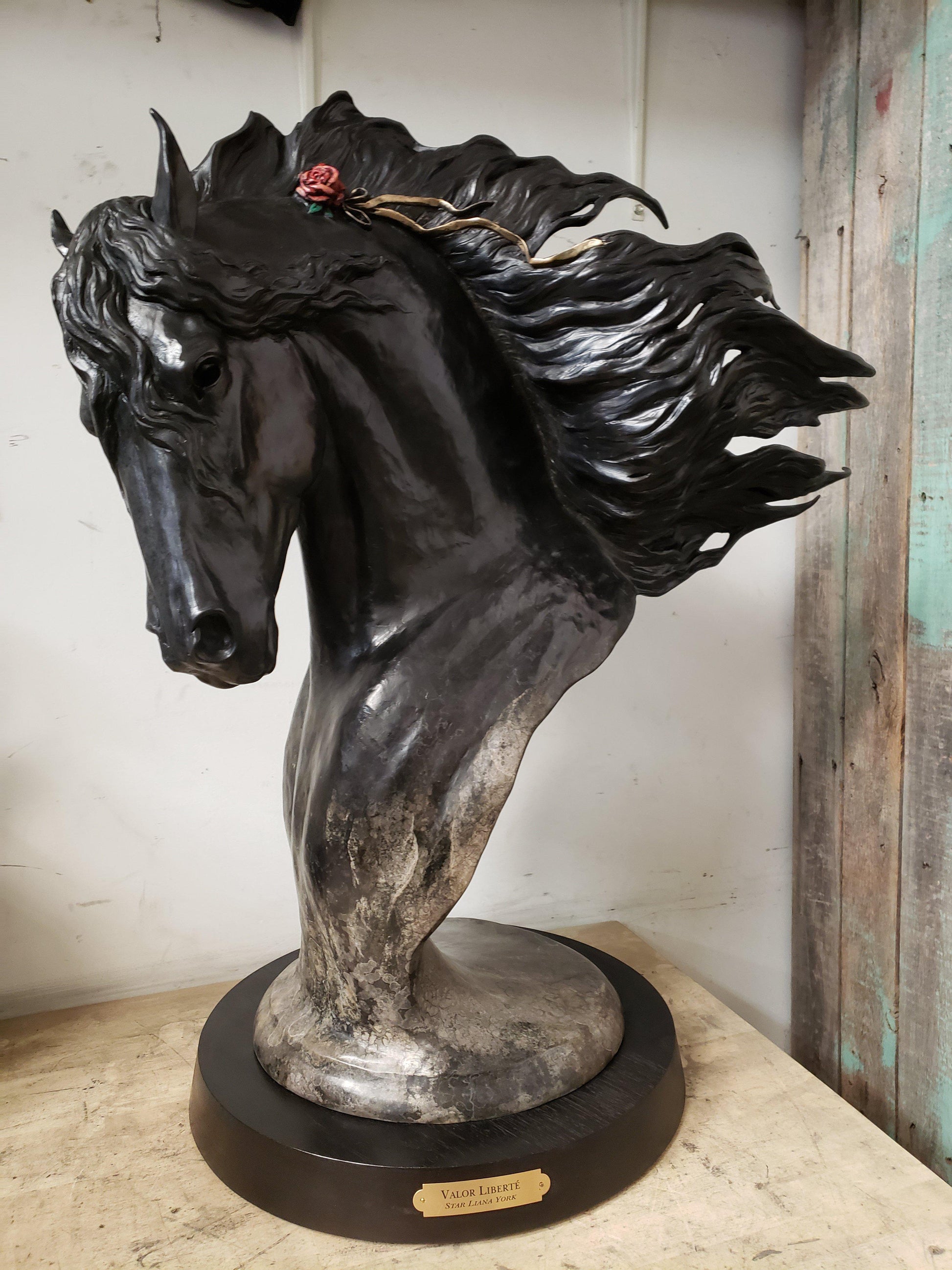 Friesian stallion portrait in bronze with black patina by Star York