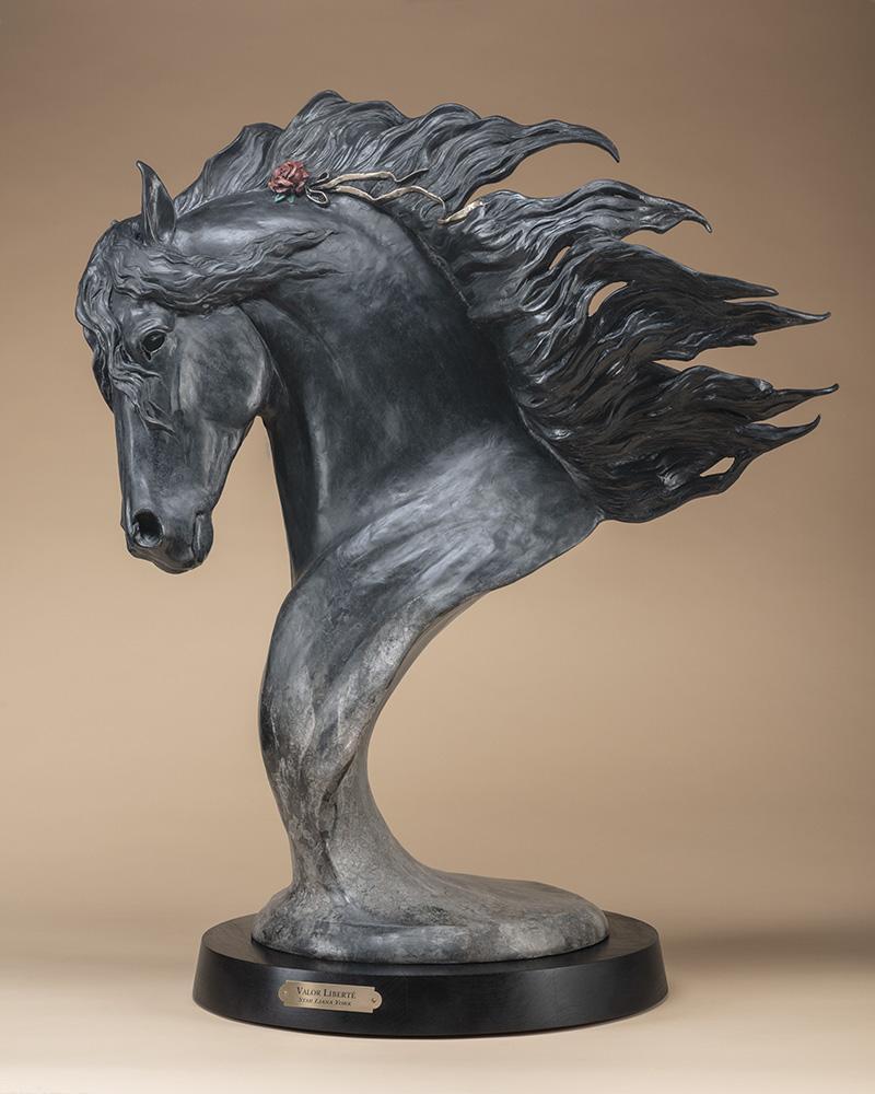 Friesian stallion portrait in bronze with black patina by Star York
