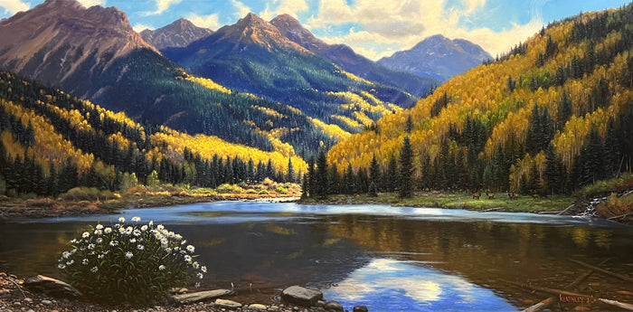 beautiful painting of a mountain lake and landscape.