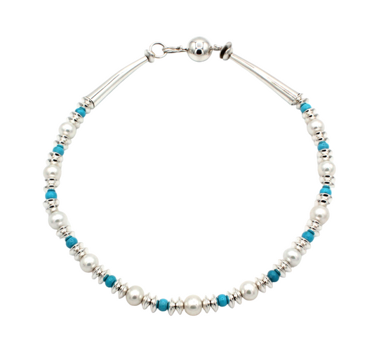 16" Silver with Turquoise and Pearl Silver Necklace-Jewelry-Artie Yellowhorse-Sorrel Sky Gallery