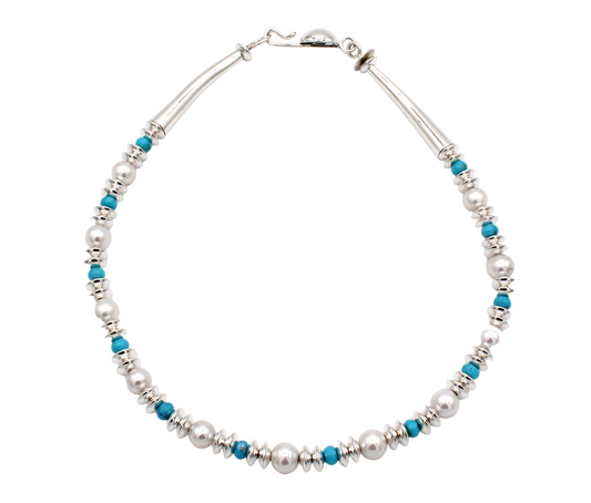 16" Turquoise, Pearl and Silver Bead Necklace-Jewelry-Artie Yellowhorse-Sorrel Sky Gallery