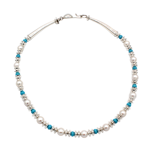 18" Silver with Turquoise and Pearl Silver Necklace-Jewelry-Artie Yellowhorse-Sorrel Sky Gallery