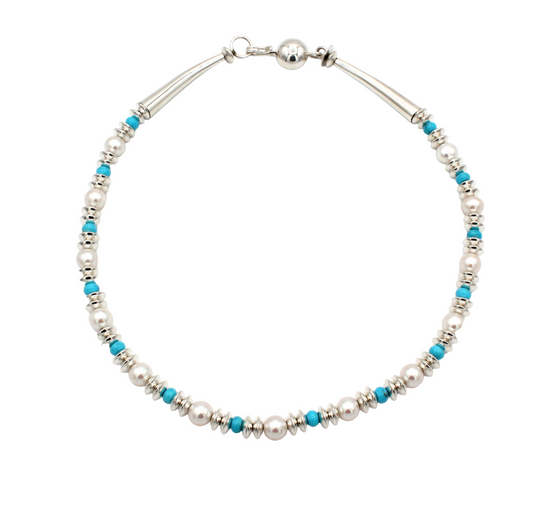 18" Turquoise, Pearl and Silver Bead Necklace-Jewelry-Artie Yellowhorse-Sorrel Sky Gallery