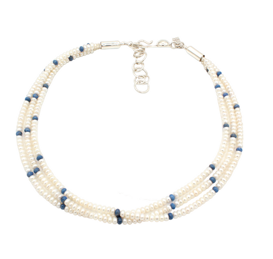 3 Strand Pearl and Denim Lapis Bead Necklace-Jewelry-Artie Yellowhorse-Sorrel Sky Gallery