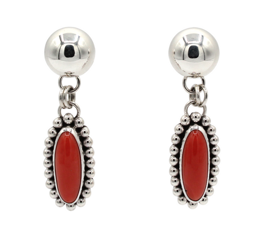 Oval Red Coral Drop Earrings-Jewelry-Artie Yellowhorse-Sorrel Sky Gallery