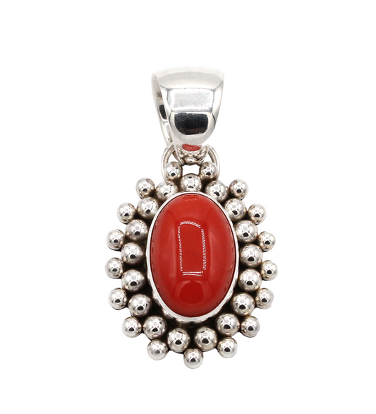 Oval Red Coral Pendant with Bead Design-Jewelry-Artie Yellowhorse-Sorrel Sky Gallery