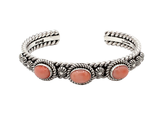 Pink Coral 3 Stone Cuff Bracelet-Jewelry-Artie Yellowhorse-Sorrel Sky Gallery